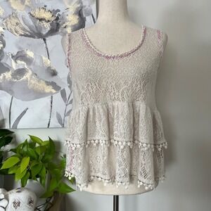 Free People Lace Tank Top XS Cream Crochet Tiered Peplum Boho Cottage Festival